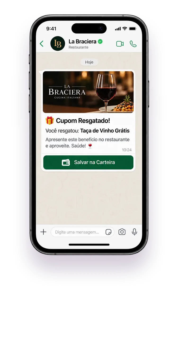 iPhone com uma conversa no WhatsApp da La Braciera: o cliente resgatou uma Taça de Vinho Grátis e pode salvar o cupom na Carteira